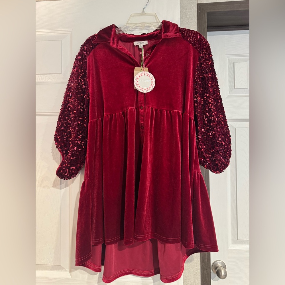 Red Velvet Smocked Sleeve Tunic Dress UMGEE
